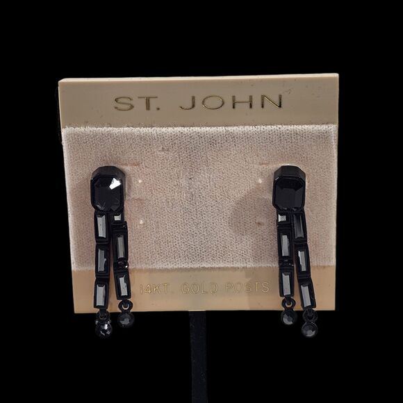 NEW NWT St. John Swarovski Crystal Gold Plated Black Drop Dangle Earrings Gift - Picture 1 of 7